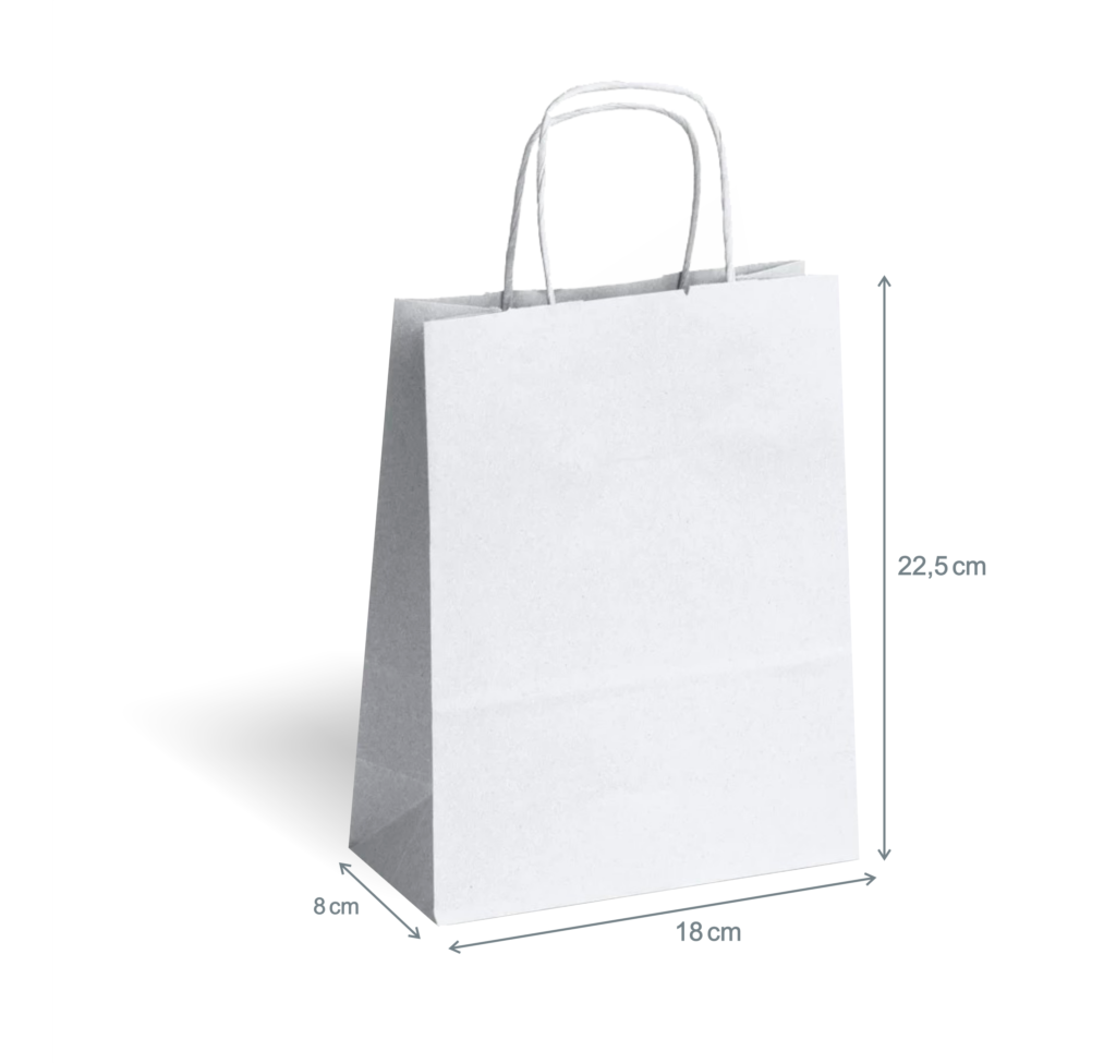 Biała torba papierowa eko kraft A5 18x8x22,5 cm z uchwytem skręcanym na drobną galanterię