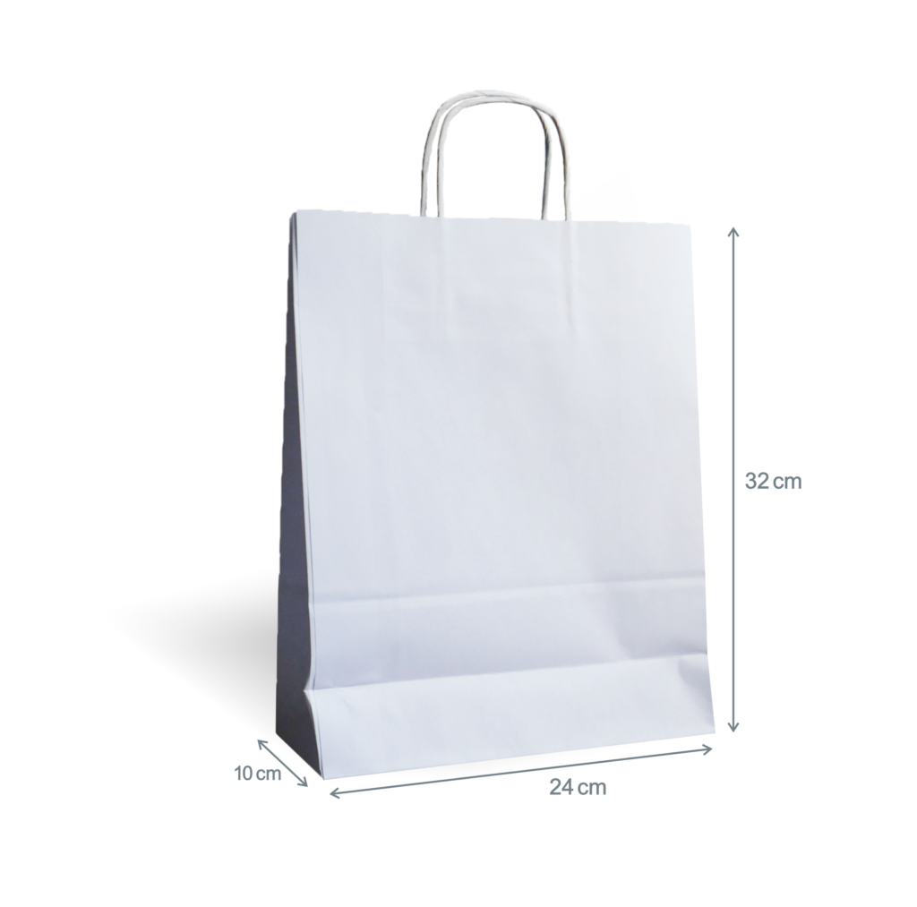 Biała torba papierowa A4 24x10x32 cm z uchwytem skręcanym na katalogi i odzież