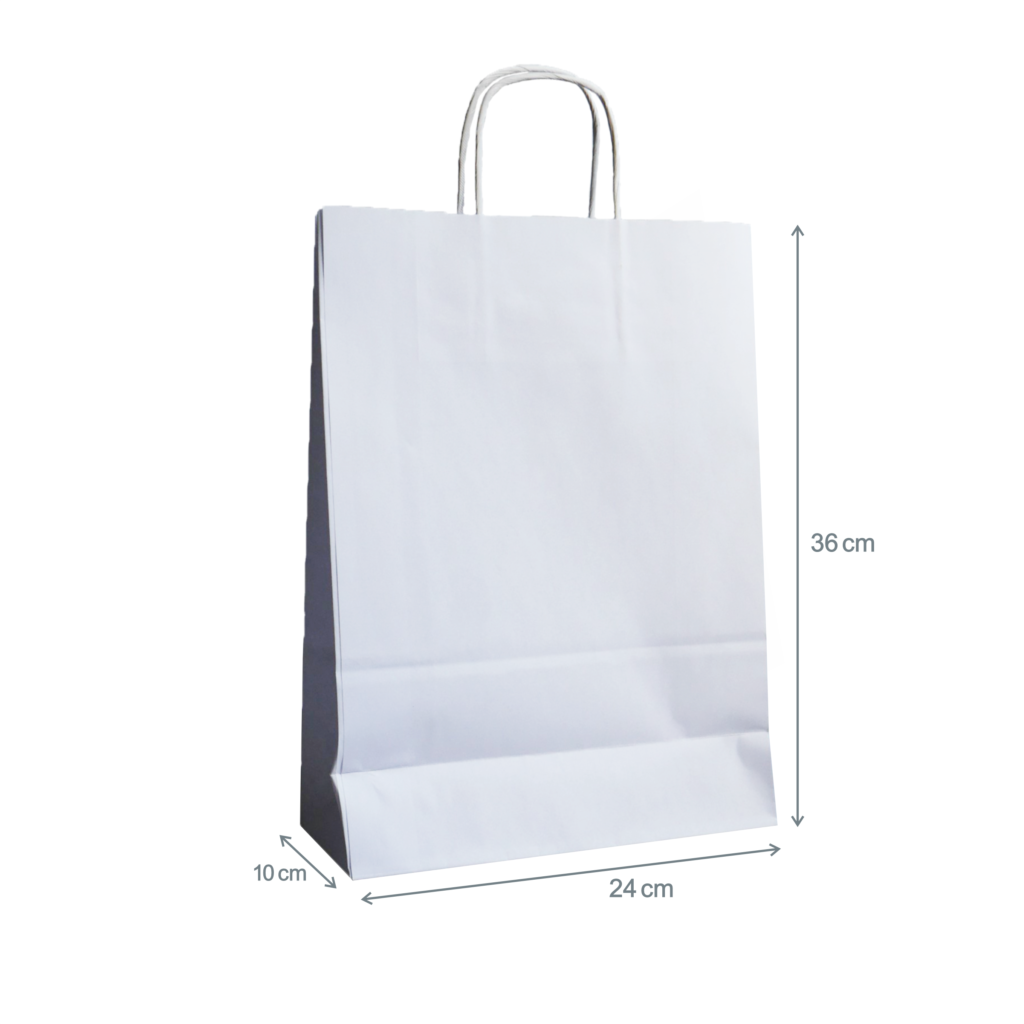 Pionowa biała torba papierowa 24x10x36 cm eko kraft ze skręcanym uchem