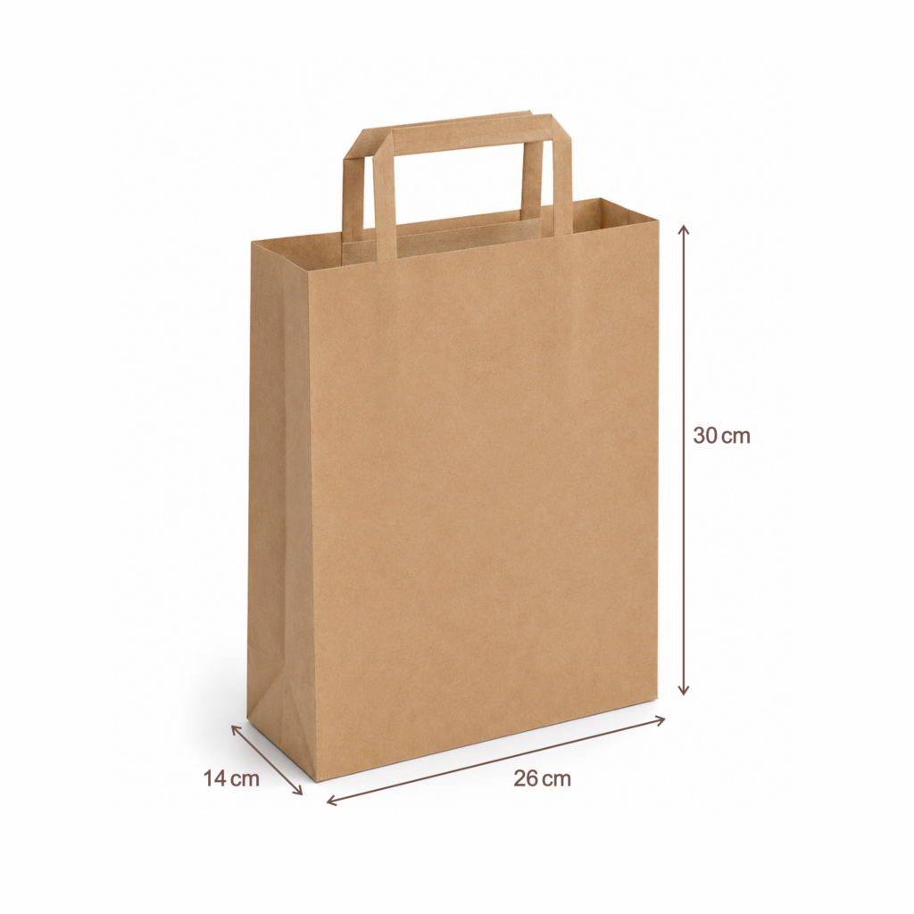 1. Torba papierowa brązowa kraft z nadrukiem reklamowym 26x14x30 cm sitodruk